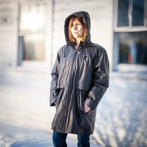 Y2K Leather Statement Jacket Long Hooded Women L Streetwear Matrix Goth Mobwife
